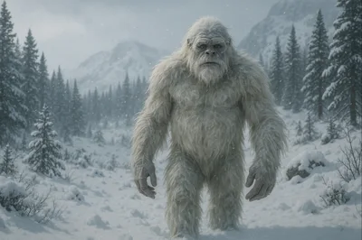 Yeti Walking Through A Snowy Mountain Forest