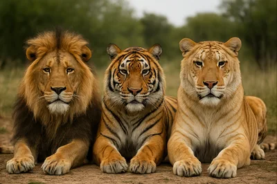 Lion Tiger and Liger Resting Together
