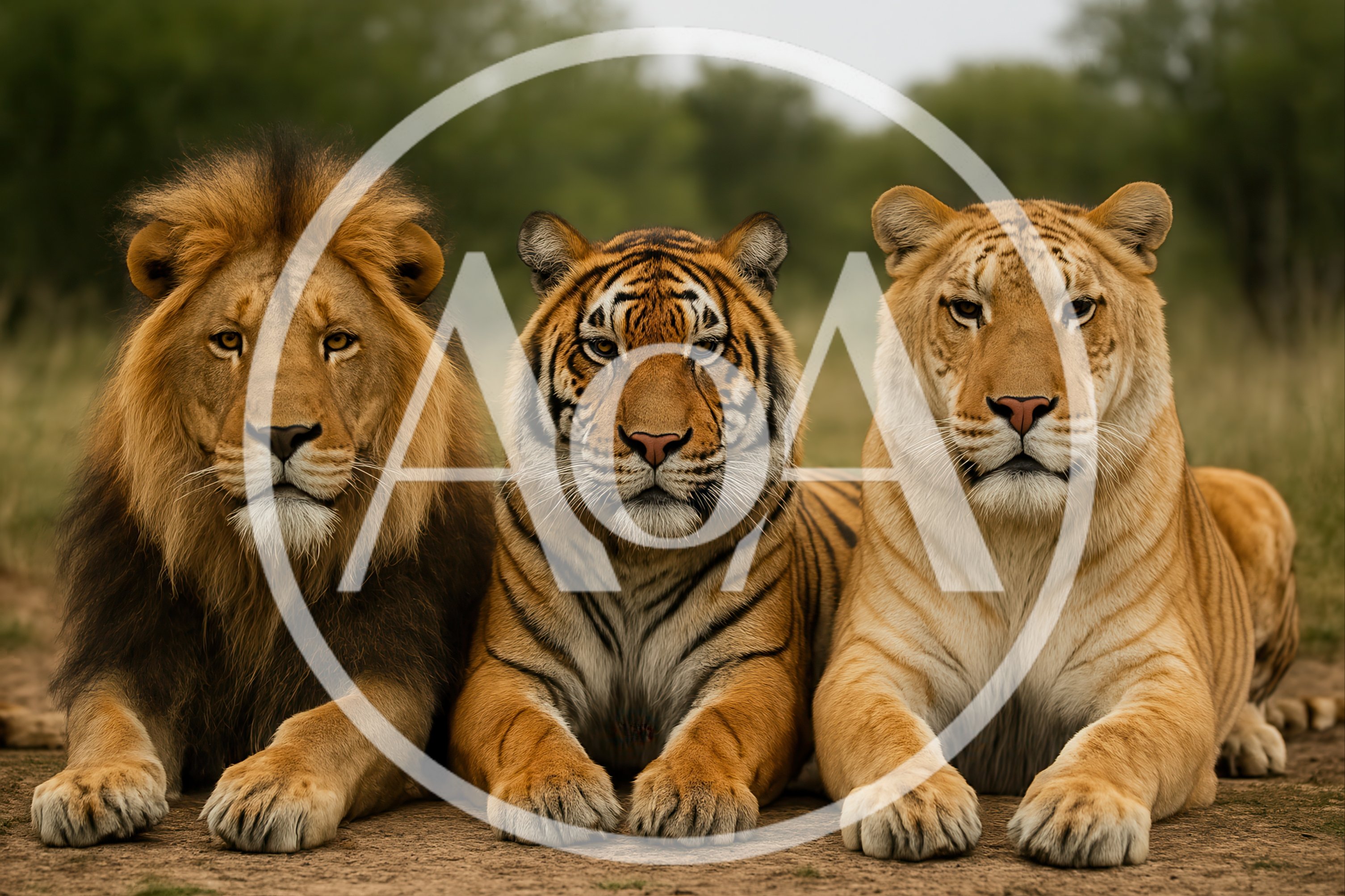 Lion Tiger and Liger Resting Together