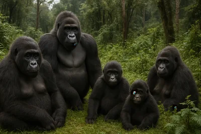 Family Of Mountain Gorillas In Lush Forest