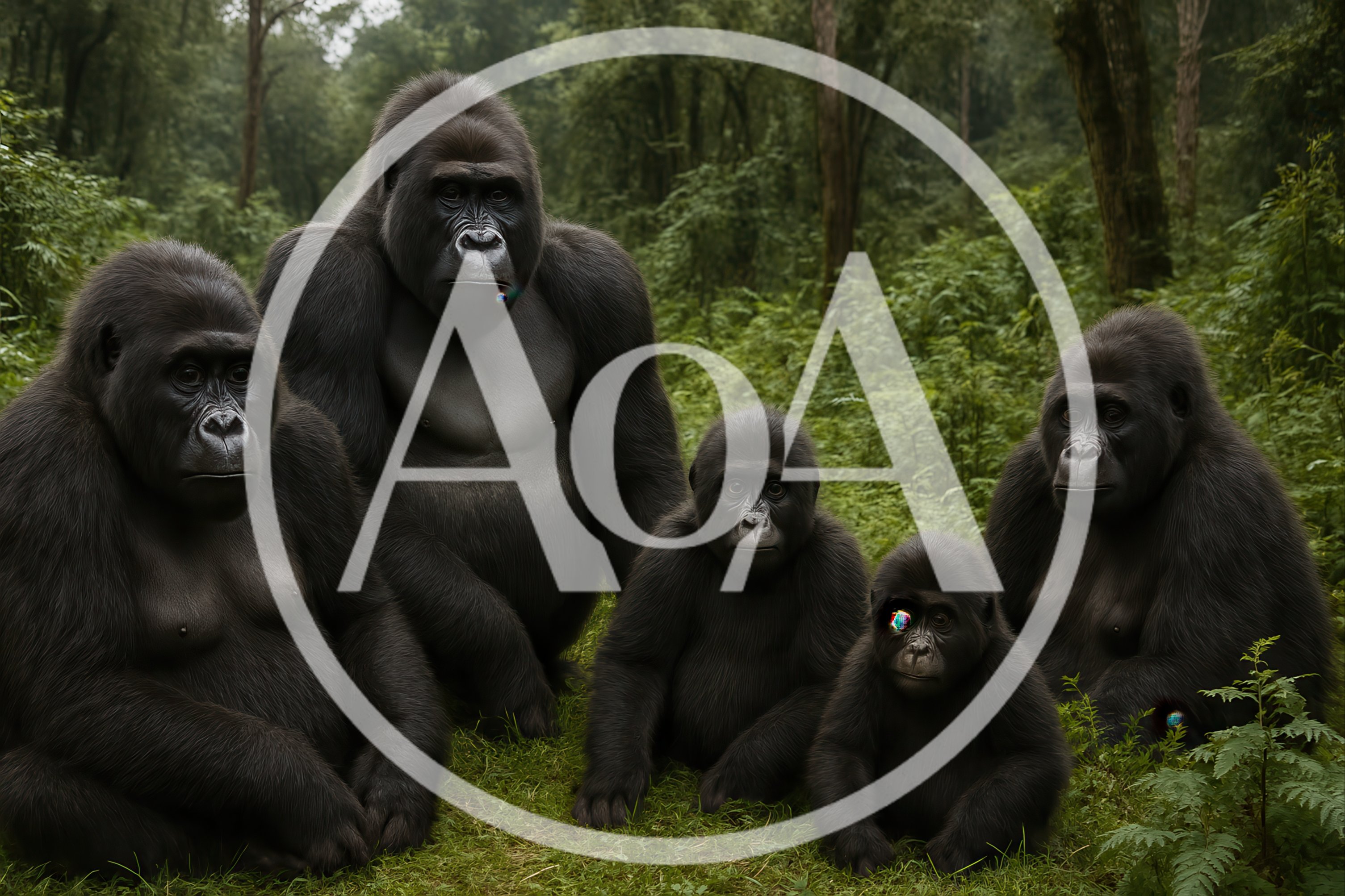 Family Of Mountain Gorillas In Lush Forest