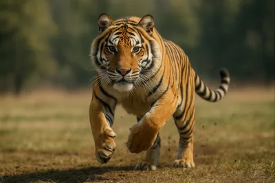 Majestic Bengal Tiger Running Through Open Grassland
