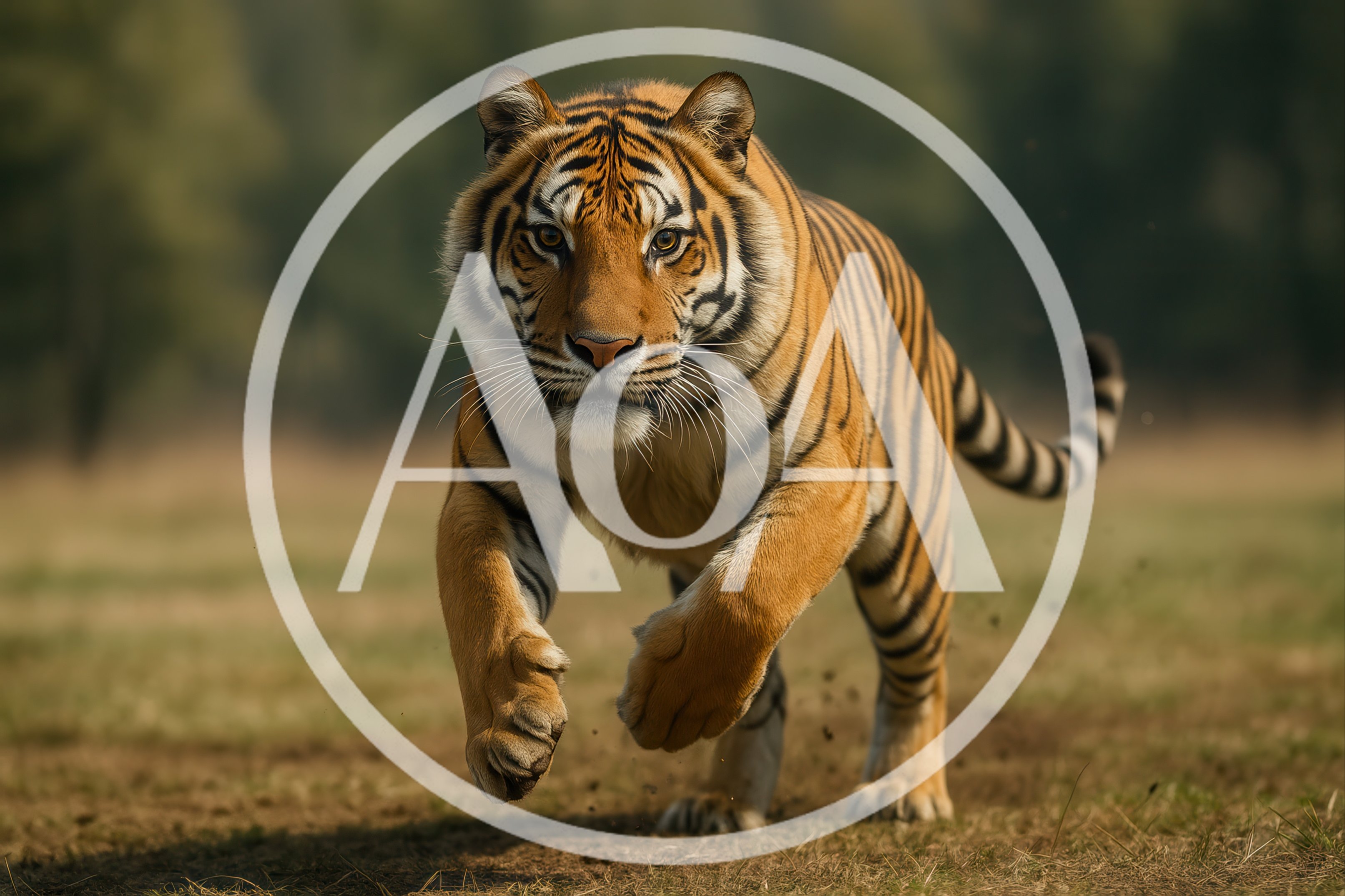 Majestic Bengal Tiger Running Through Open Grassland