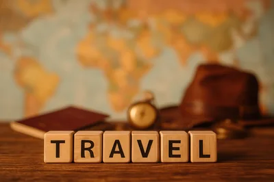 Wooden Blocks Spelling Travel With Vintage Map Background