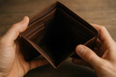 Person Holding An Empty Brown Leather Wallet
