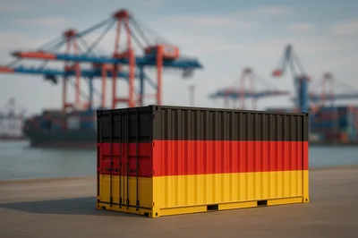 Shipping Container With German Flag At Port Terminal