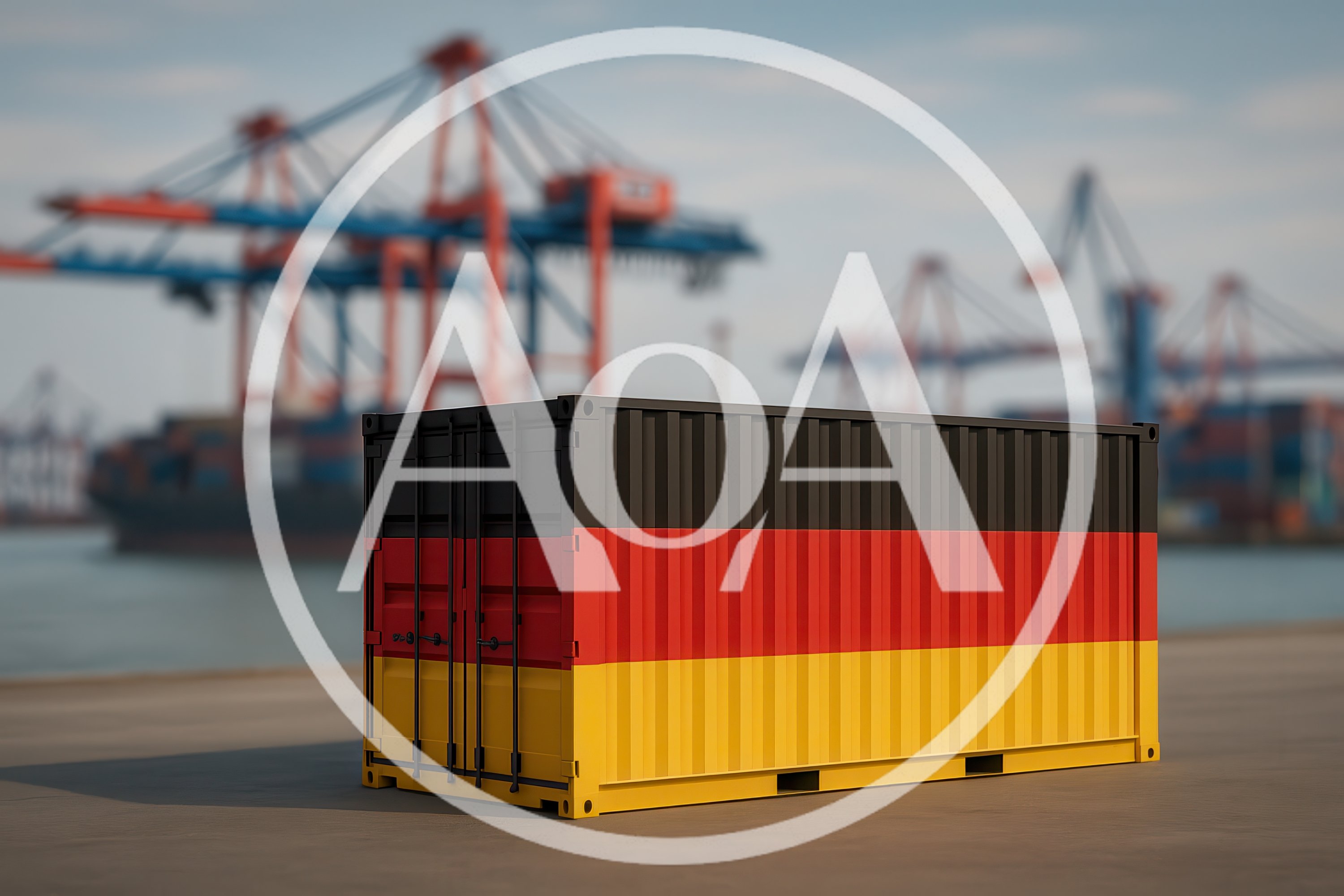 Shipping Container With German Flag At Port Terminal