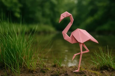 Origami Pink Flamingo Standing By A Riverbank