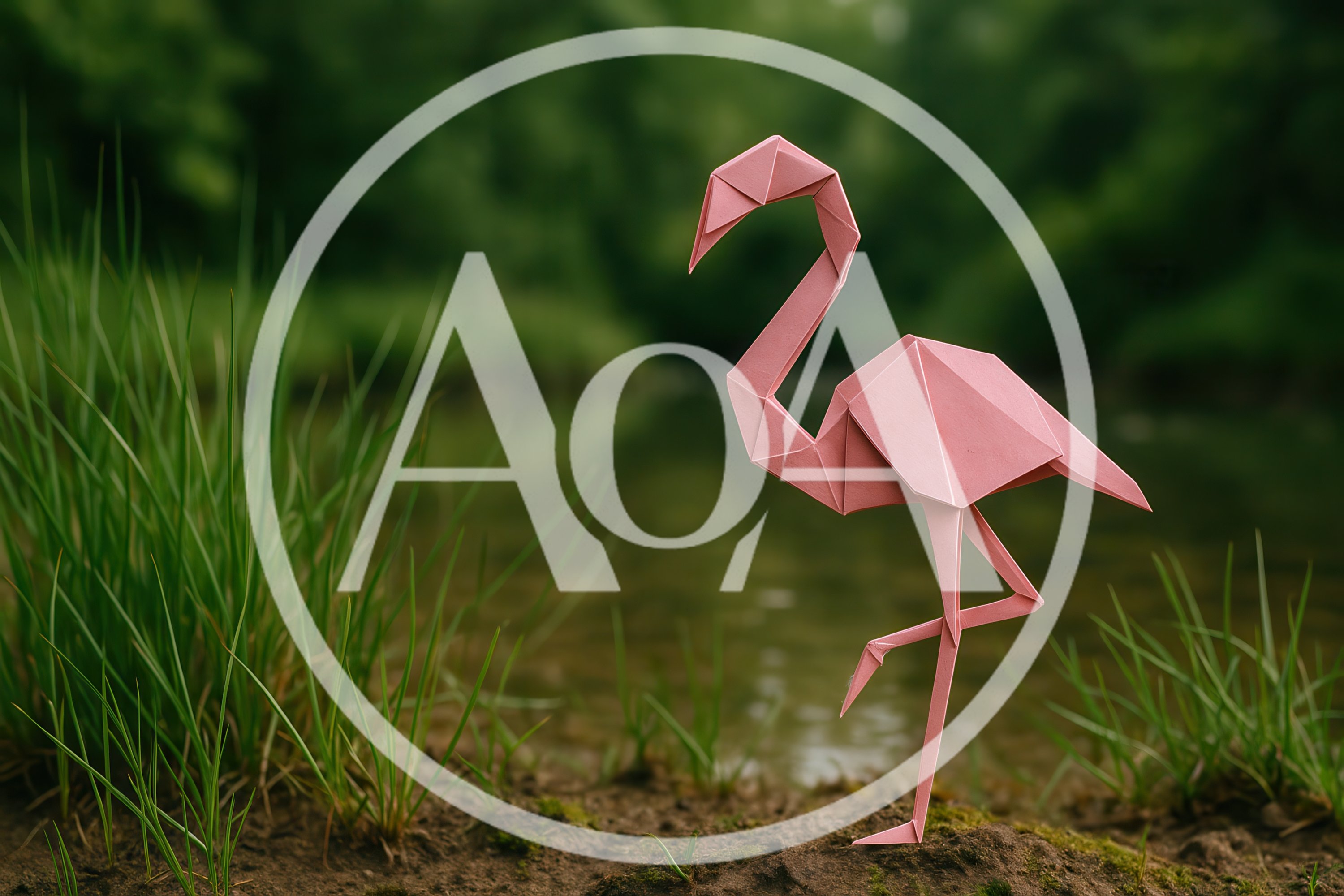 Origami Pink Flamingo Standing By A Riverbank