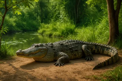 Large Crocodile Resting on Riverbank