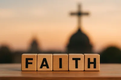 Wooden Blocks Spelling Faith With Blurred Church Background
