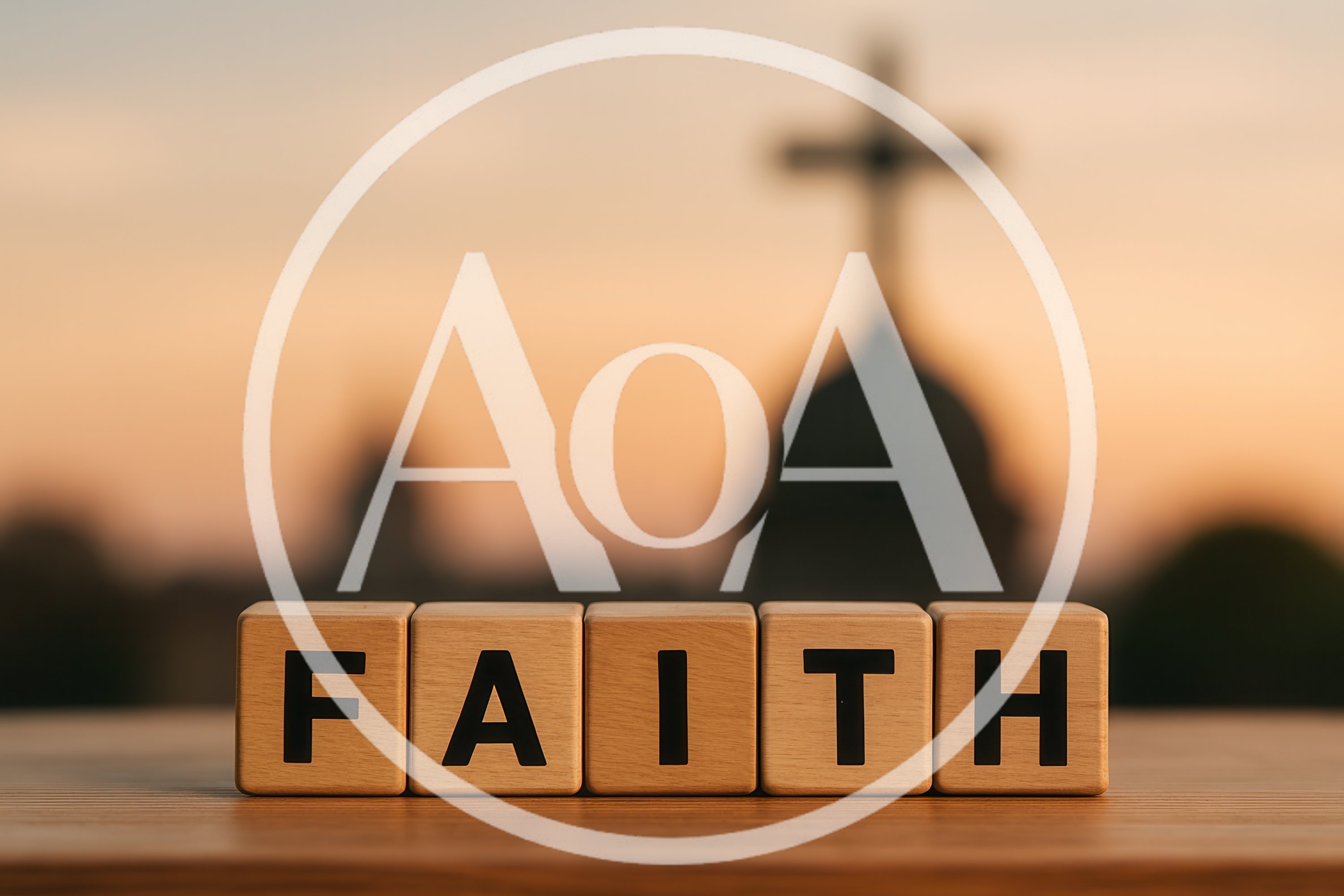 Wooden Blocks Spelling Faith With Blurred Church Background