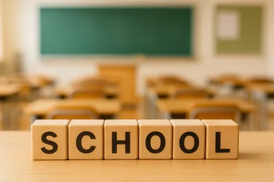 Wooden Blocks Spelling School on Classroom Desk