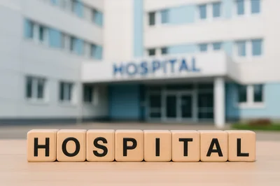 Wooden Blocks Spelling Hospital In Front Of Medical Building