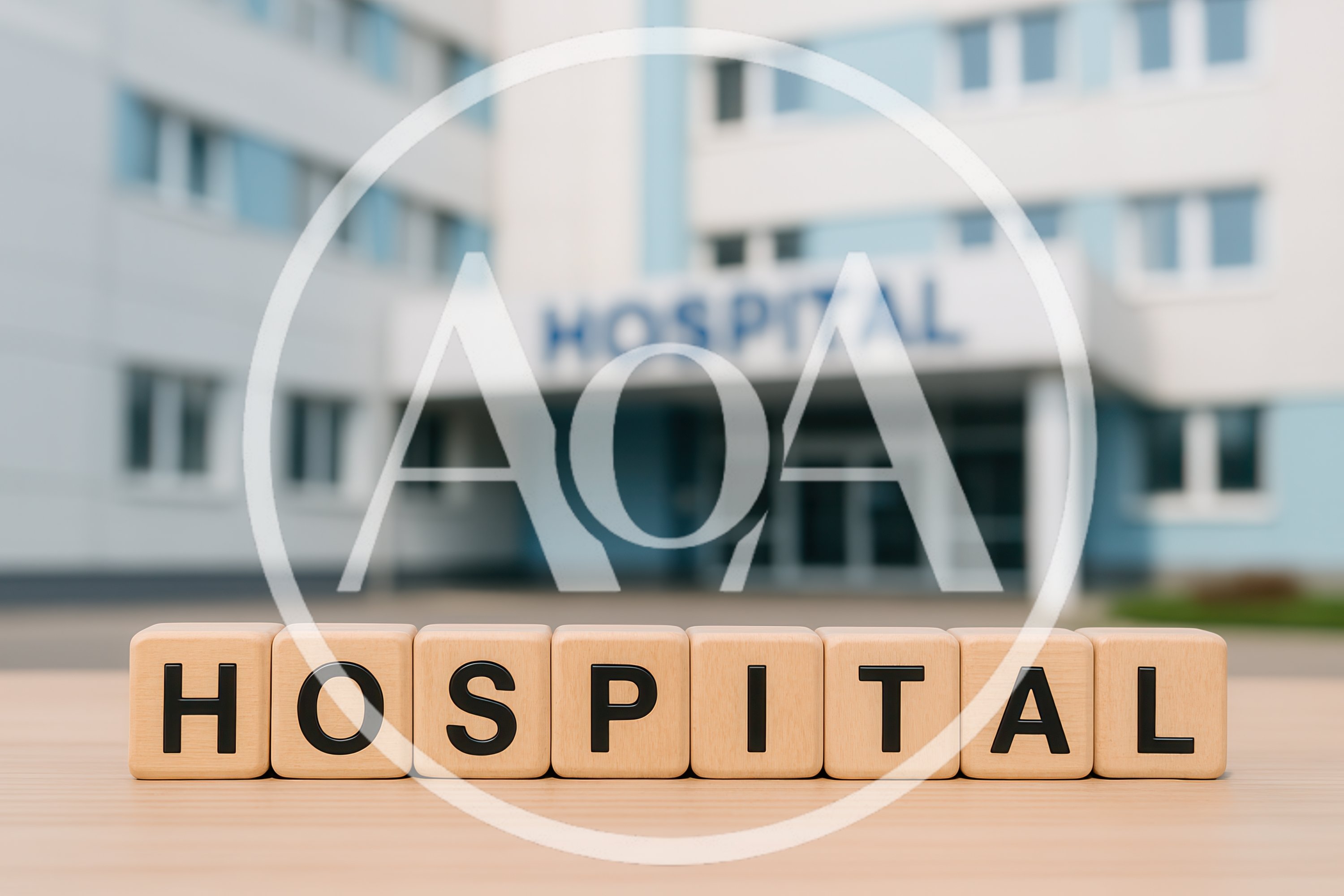 Wooden Blocks Spelling Hospital In Front Of Medical Building