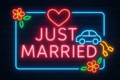 Just Married Neon Sign on Dark Brick Wall