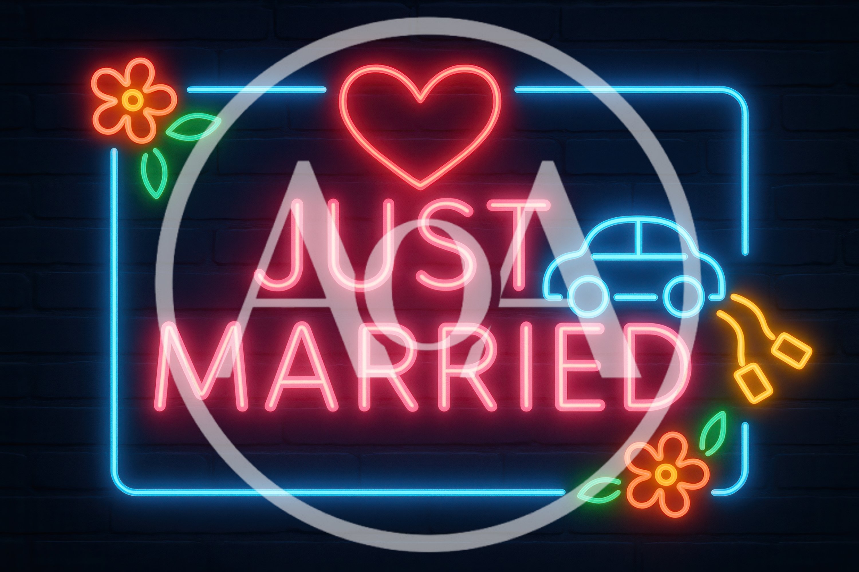 Just Married Neon Sign on Dark Brick Wall