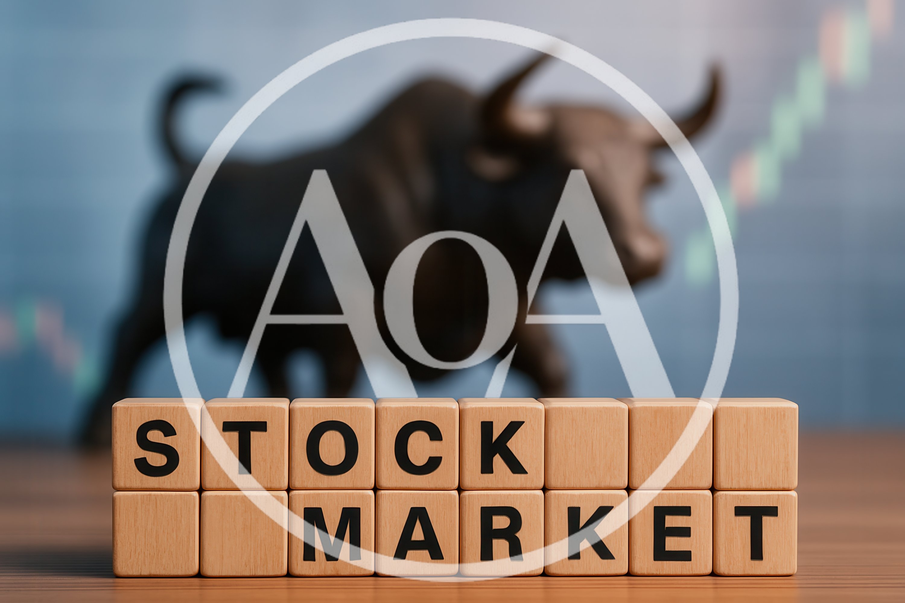 Wooden Blocks Spelling Stock Market With Bull Statue