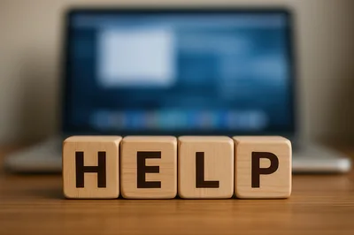 Wooden Blocks Spelling Help In Front Of Laptop