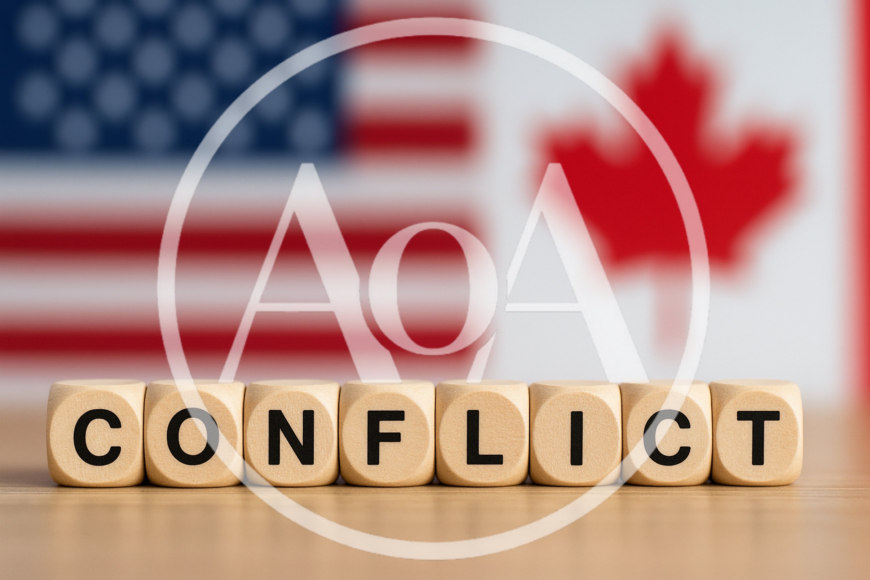 Wooden Blocks Spelling Conflict With US and Canadian Flags