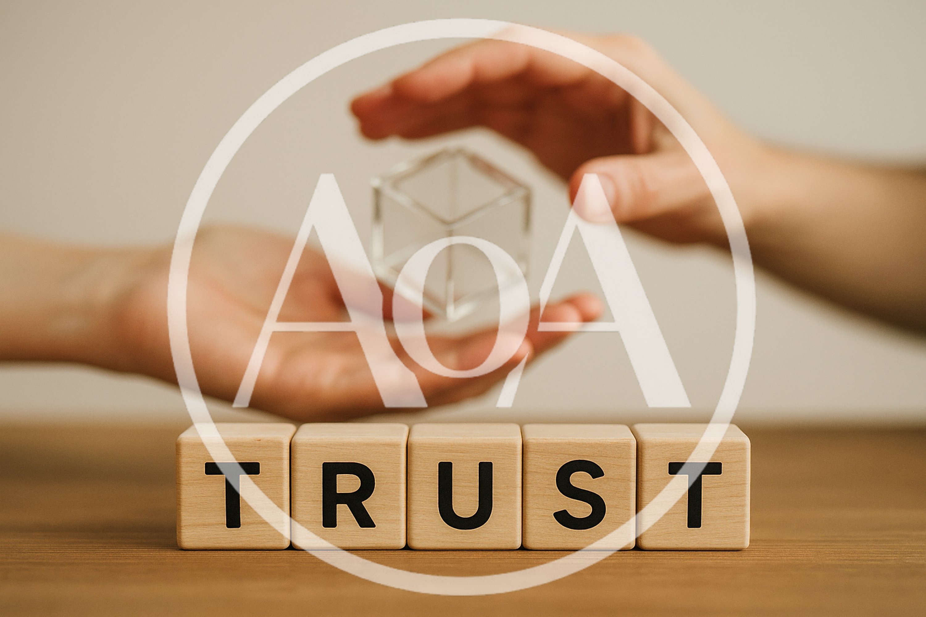Hands Holding Transparent Cube Above Trust Wooden Blocks