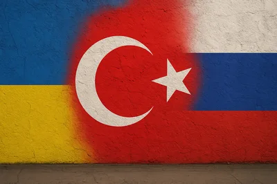 Flags of Ukraine Turkey and Russia on Textured Wall