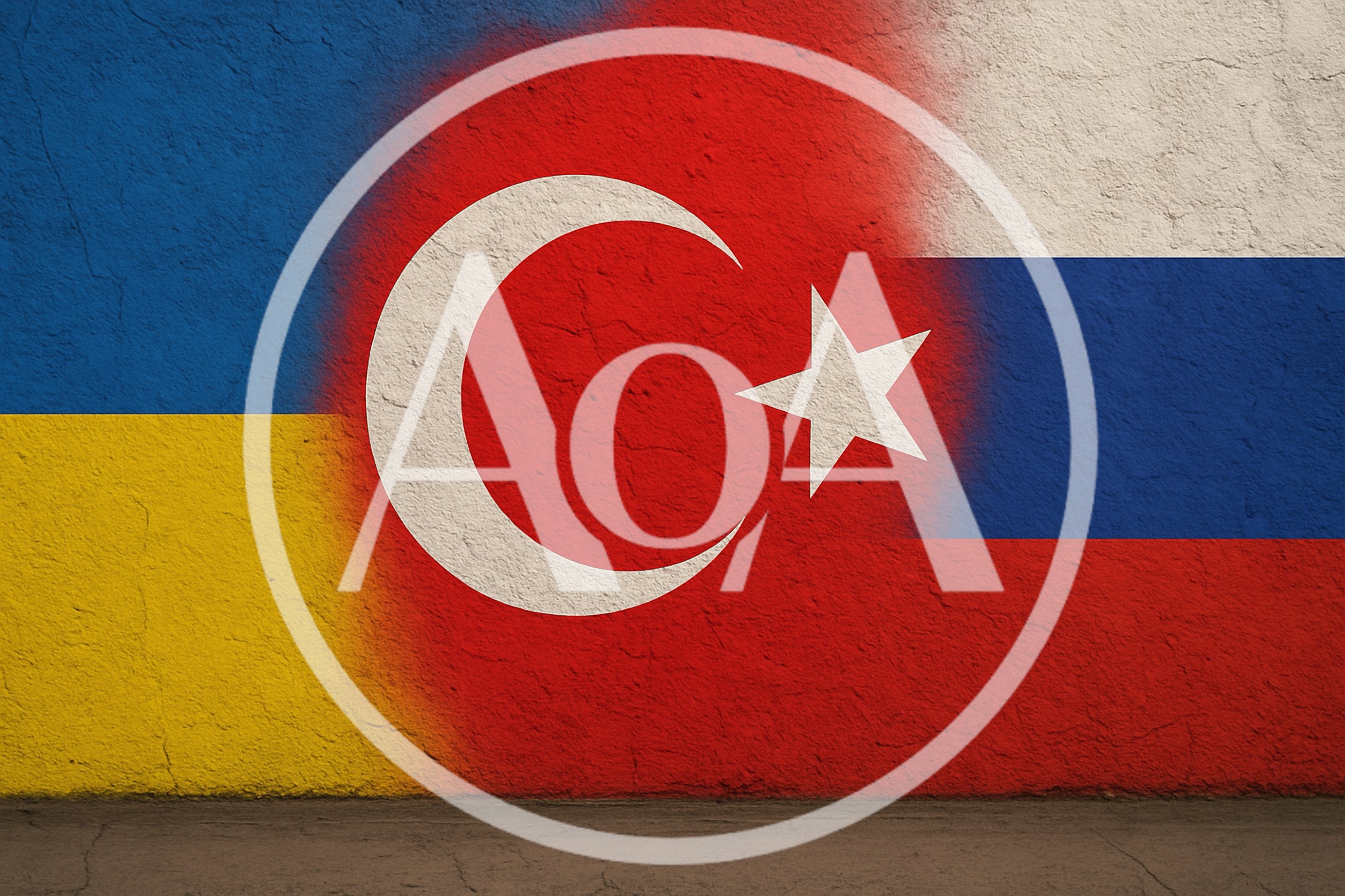 Flags of Ukraine Turkey and Russia on Textured Wall