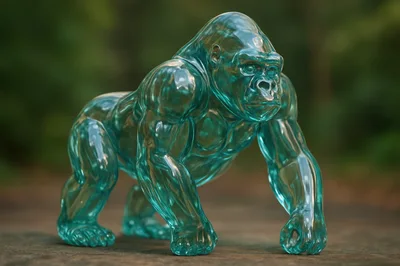 Translucent Teal Glass Gorilla Sculpture