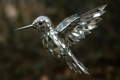 Metallic Geometric Hummingbird Sculpture In Flight