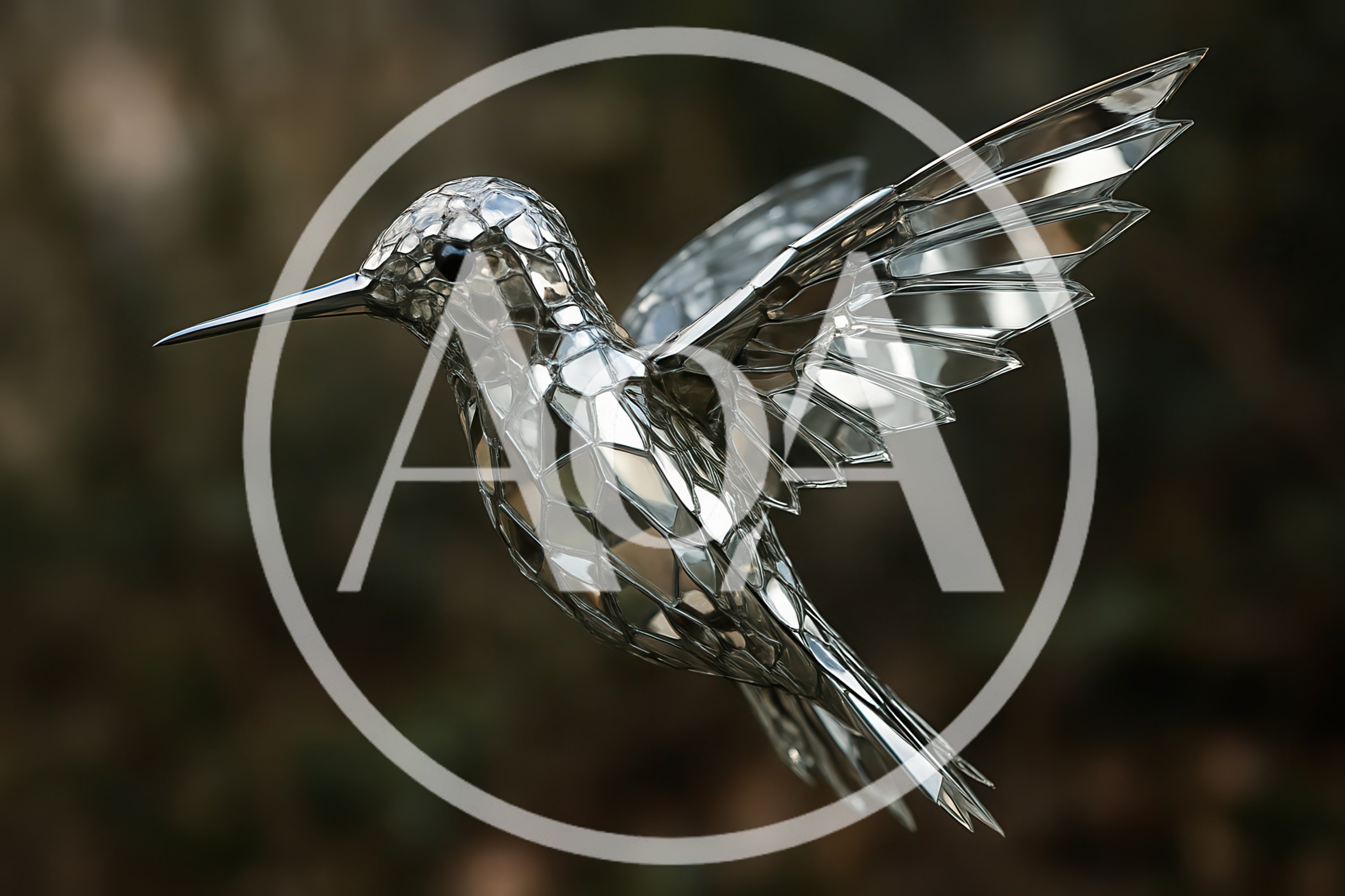 Metallic Geometric Hummingbird Sculpture In Flight