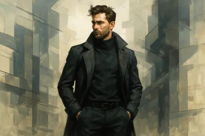 Stylish Man In Black Coat Standing In Urban Setting