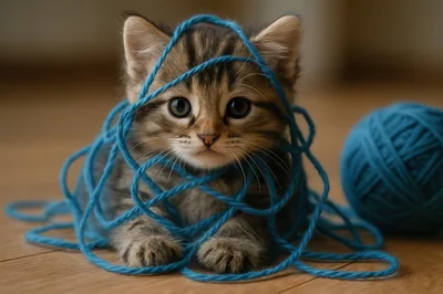 Adorable Tabby Kitten Tangled In Blue Yarn