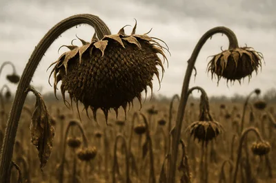 Withered Sunflowers In A Desolate Autumn Field