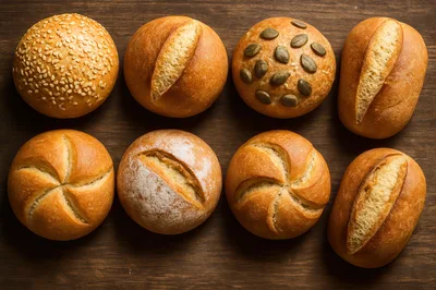 Assorted Freshly Baked Bread Rolls On Wooden Table