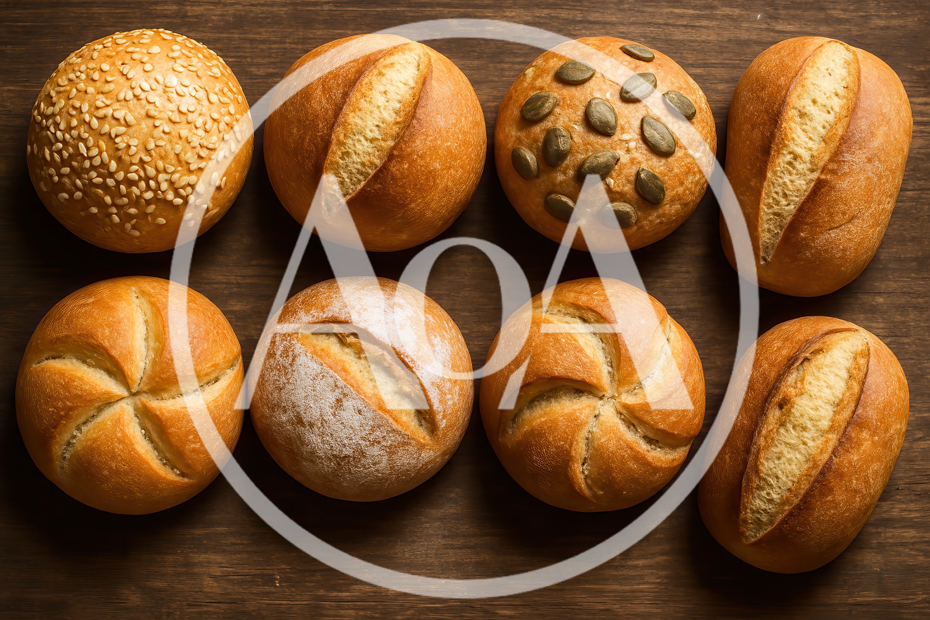 Assorted Freshly Baked Bread Rolls On Wooden Table