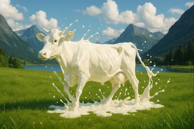 Surreal Milk Cow Sculpture In Alpine Meadow