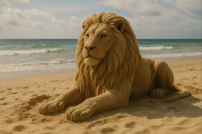 Majestic Sand Sculpture Of A Lion On The Beach