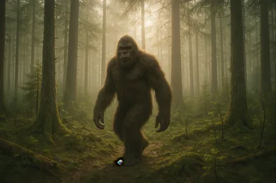 Bigfoot Walking Through A Misty Pine Forest