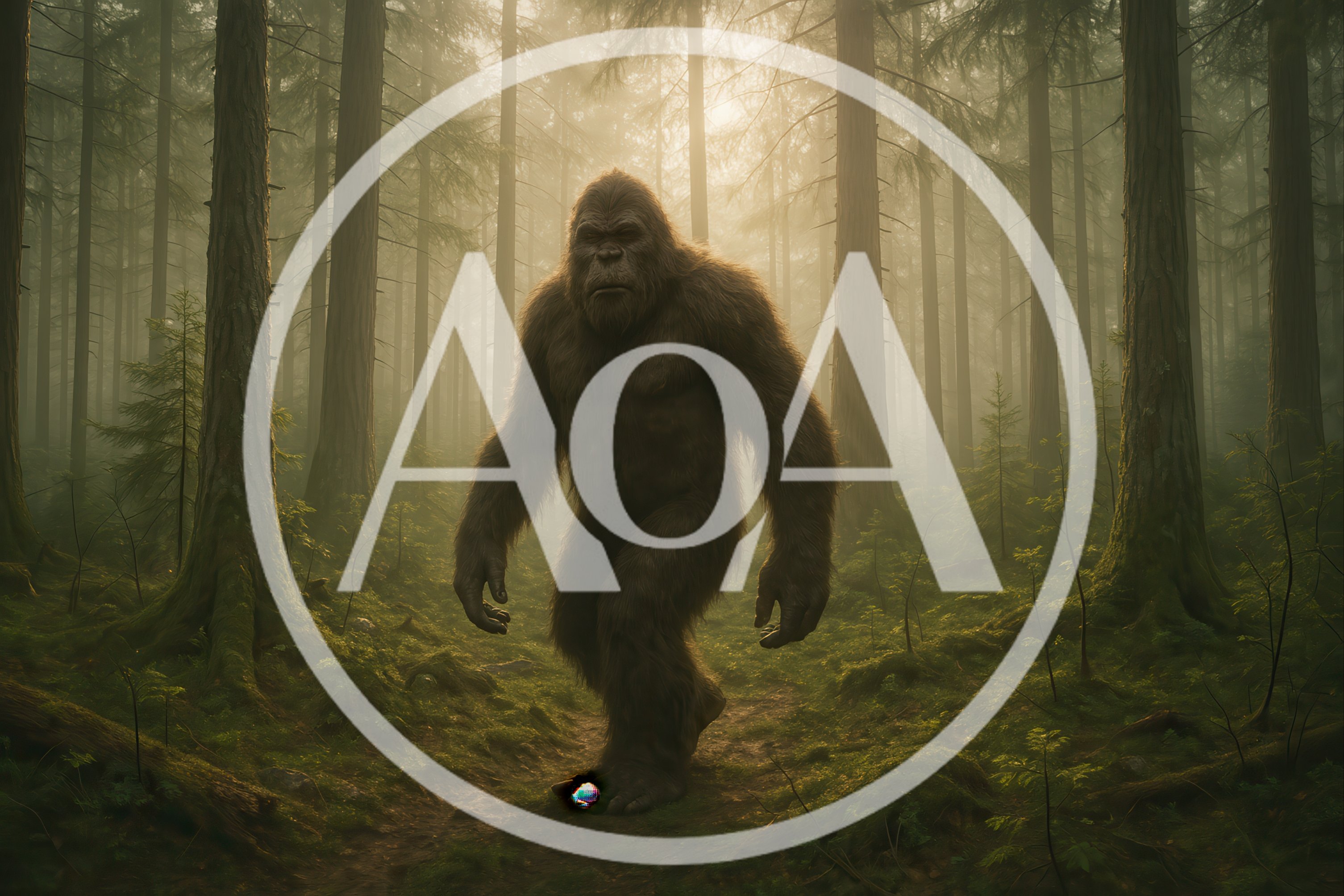 Bigfoot Walking Through A Misty Pine Forest