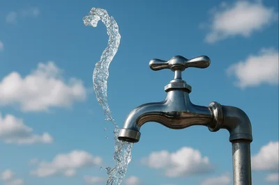 Chrome Water Faucet With Flowing Water Against Blue Sky