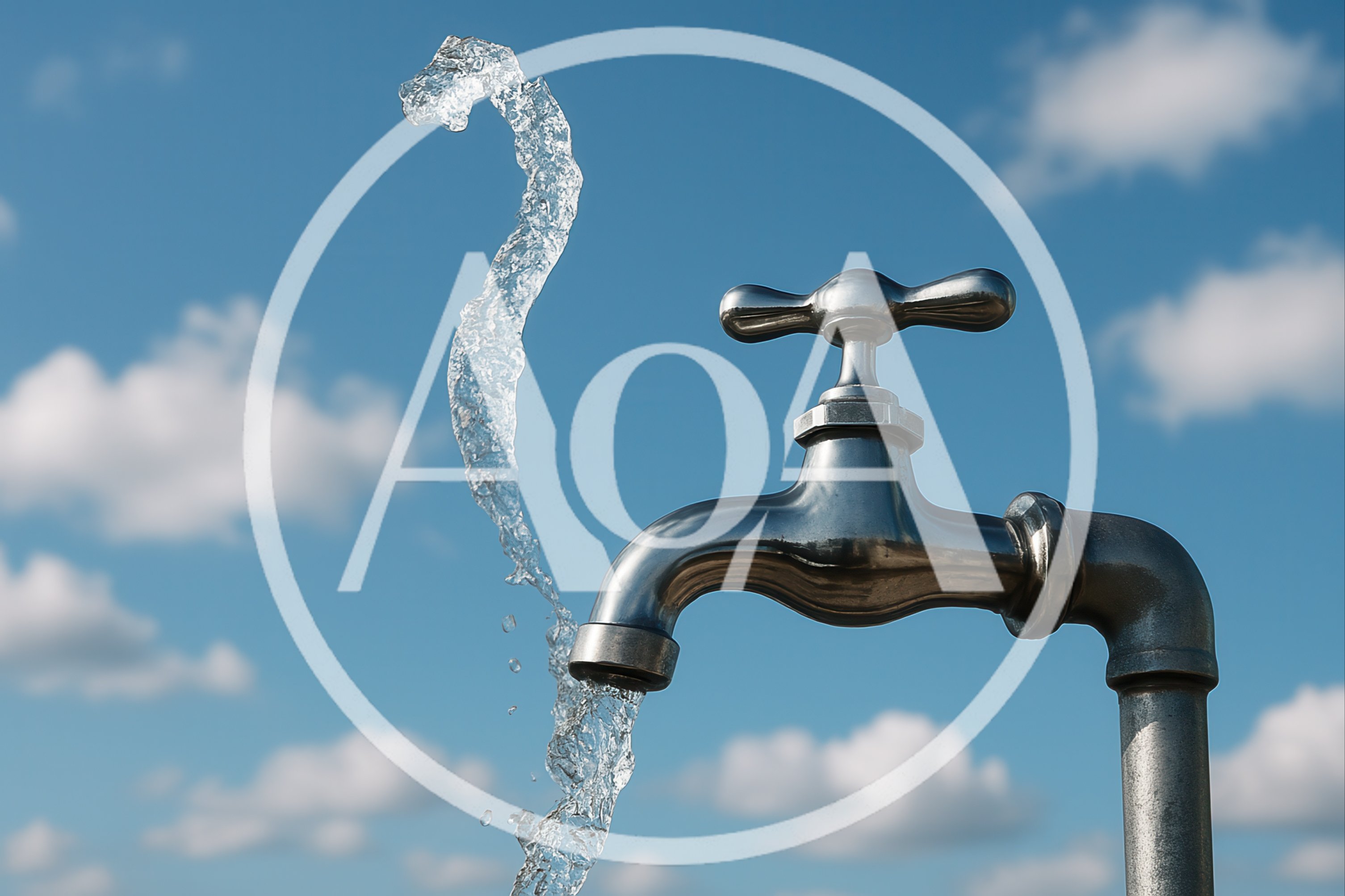 Chrome Water Faucet With Flowing Water Against Blue Sky