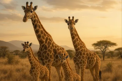 Family Of Giraffes Standing In The African Savanna