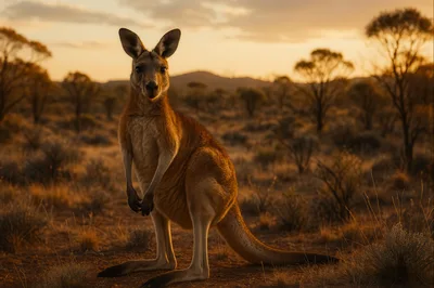 Red Kangaroo Standing In The Australian Outback At Sunset
