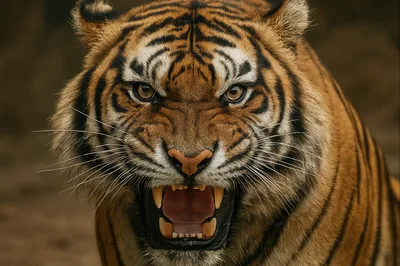 Close Up Portrait Of An Aggressive Roaring Tiger