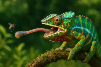 Chameleon Catching A Fly With Its Tongue