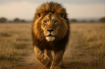 Majestic Male Lion Walking Through African Savanna