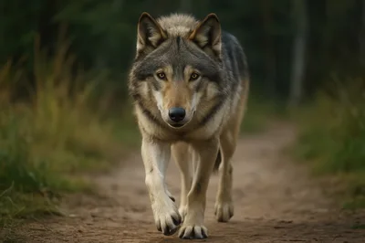 Gray Wolf Walking Along A Forest Path