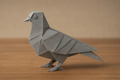 Grey Origami Paper Pigeon On Wooden Surface