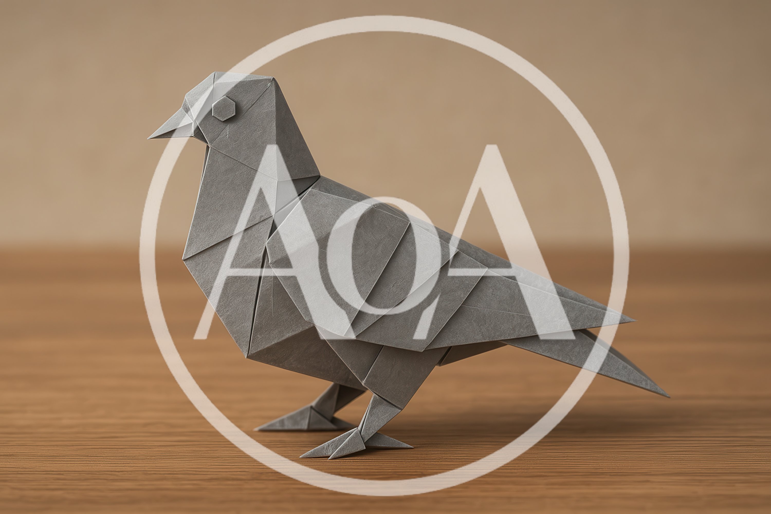 Grey Origami Paper Pigeon On Wooden Surface