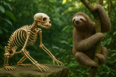 Sloth Looking At Its Own Skeleton In The Jungle